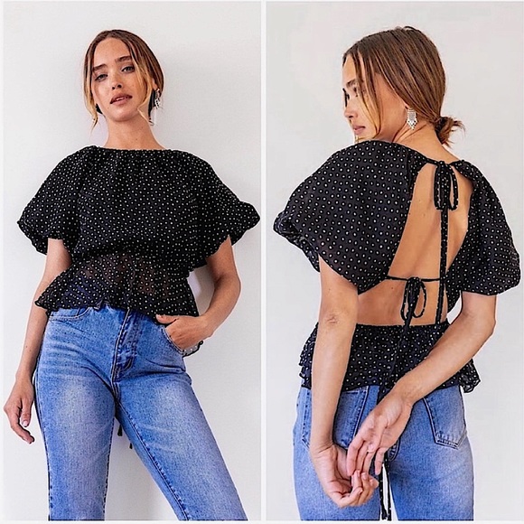 NASTY GAL | POLKA DOT OPEN BACK BALLOON SLEEVE TOP - Picture 1 of 5